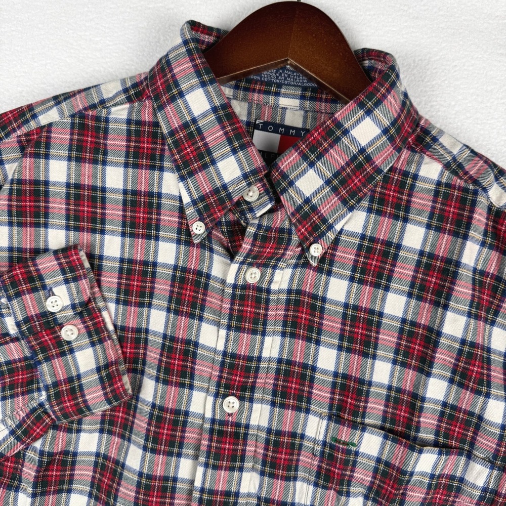 Tommy Hilfiger Button Down Flannel Shirt Mens L Red White Blue Plaid L/S Crest